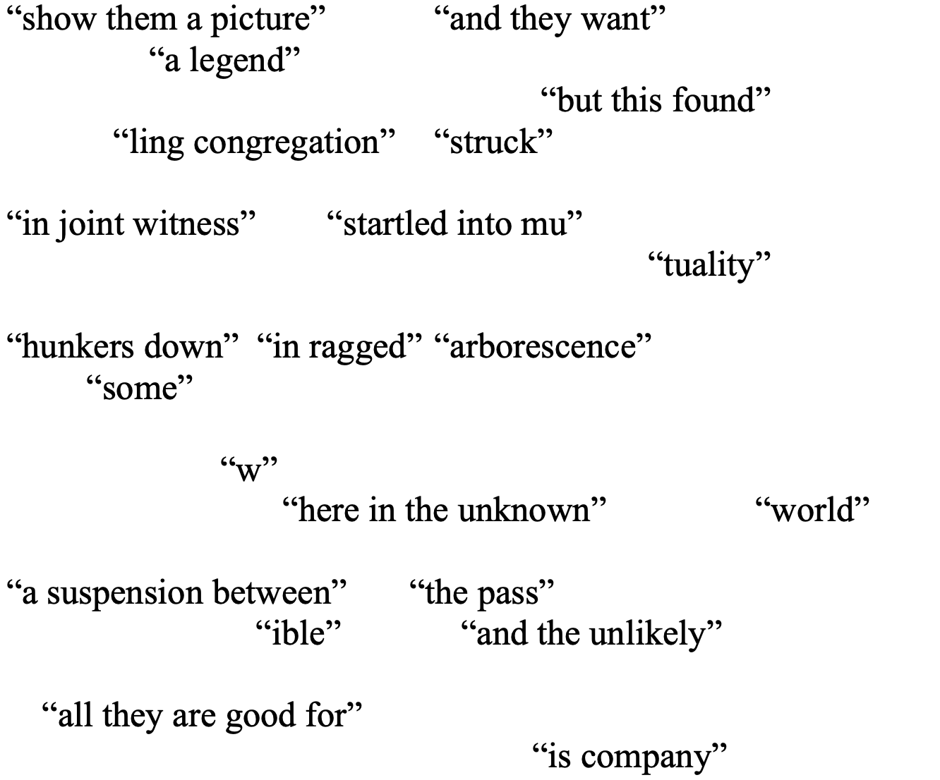 “show them a picture” “and they want” “a legend”
“but this found” “ling congregation” “struck”
“in joint witness” “startled into mu”
“hunkers down” “in ragged” “arborescence” “some”
“w”
“a suspension between” “the pass”
“ible” “and the unlikely”
“all they are good for”
“here in the unknown”
“world”
“is company”