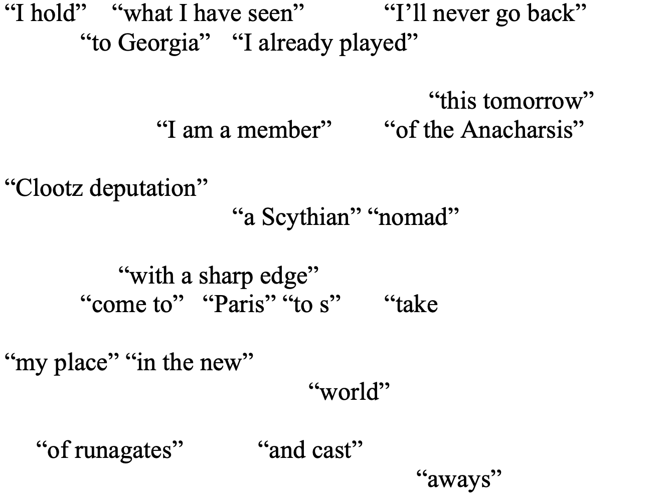 “I hold”    “what I have seen” 	“I’ll never go back” 
“to Georgia”	“I already played” 

				       “this tomorrow”
		“I am a member” 	“of the Anacharsis”

“Clootz deputation” 
			“a Scythian” “nomad” 

      “with a sharp edge”
	“come to”   “Paris” “to s”	“take

“my place” “in the new” 
				“world” 

     “of runagates” 	    “and cast”
					     “aways”

 